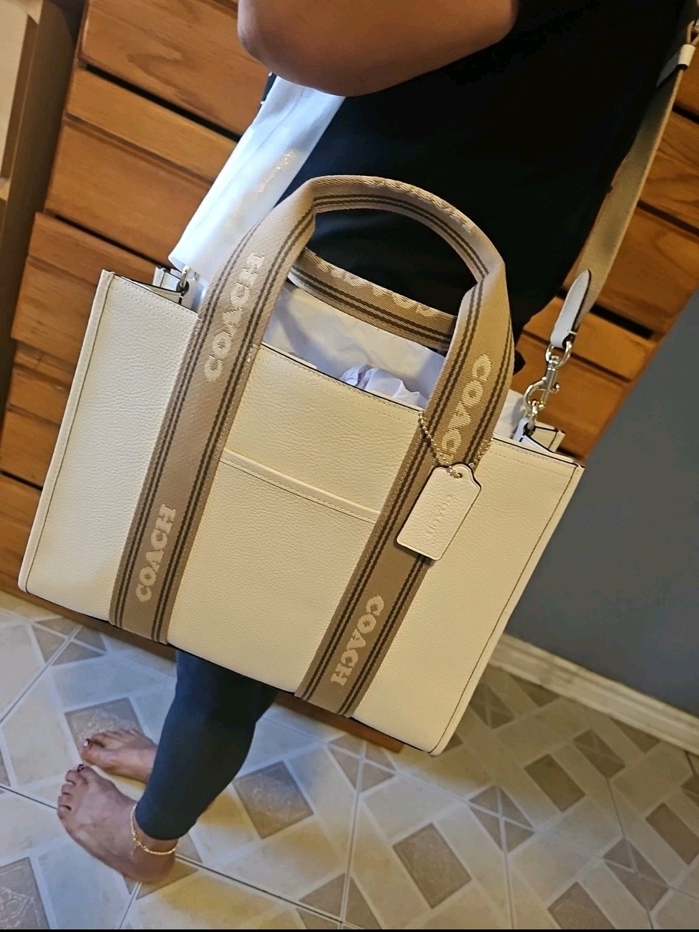 Coach Cream Pebbled Leather Tote with Tan Logo Webbing Handles and Strap